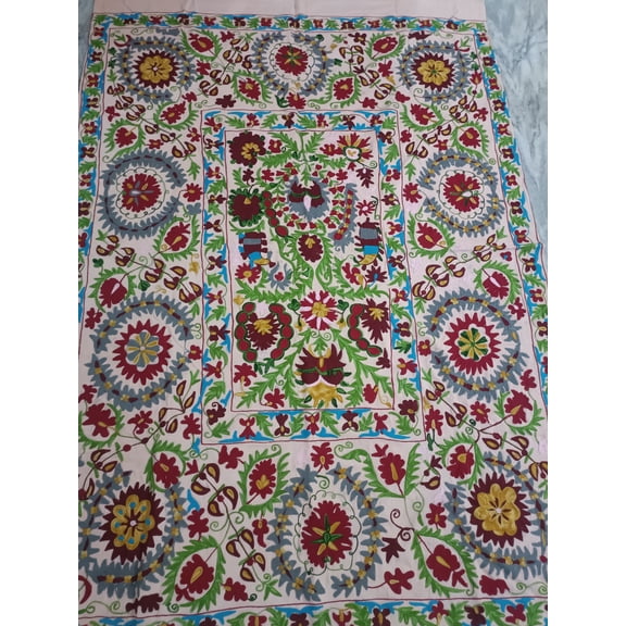 Cotton Suzani Embroidered Bedspread, Handcrafted Textile for Bed, Tablecloth & Wall Hanging