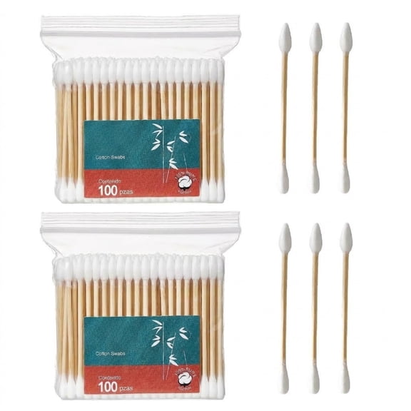 Cotton Swabs 200 Count, Double Tipped Cotton Buds with Pointed & Round Tips, Strong Wooden Sticks Cotton Swabs For Ears, Makeup, Personal Care and Household Cleaning, 2 Bags Pack