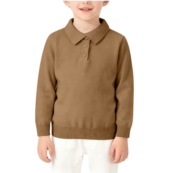 Cotton Sweaters Girls Boys Comfy Knit Collared Long Sleeve Tops Po-los Solid Casual Spring Fall School Uniform (8 Years, Brown)