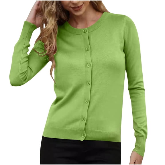 Cotton Sweaters for Women Button Down Cardigan Long Sleeve Crew Neck Soft Knit Blouses Casual Spring Fall Clothes (M, Green)