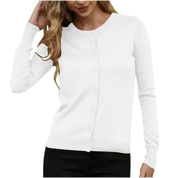 Cotton Sweaters for Women Button Down Cardigan Long Sleeve Crew Neck Soft Knit Blouses Casual Spring Fall Clothes (XL, White)