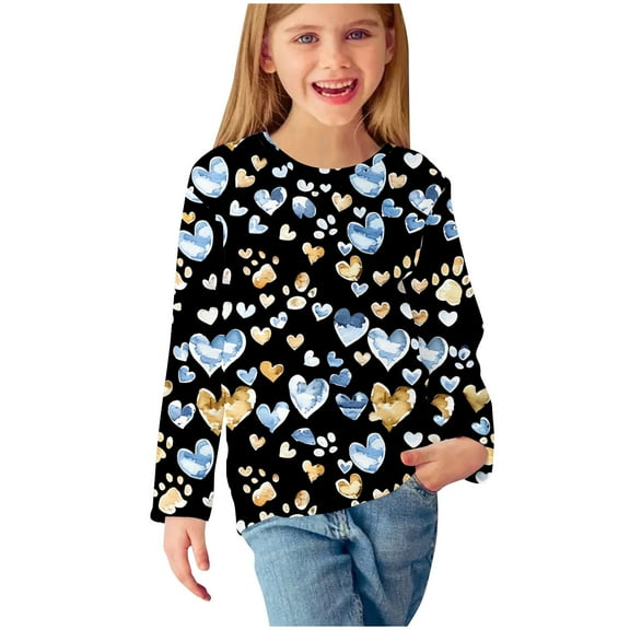 Cotton Sweatshirt 3y Kids Heart Print Long Sleeve Casual Comfy Sweatshirts 3-13 Years Old Tween Girl Clothes, Black, 11 Years