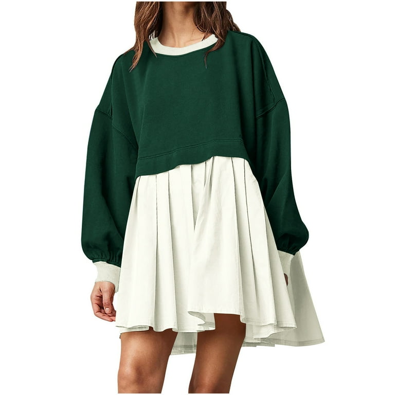 Cotton Sweatshirt Dress Women Teens Pleated Long Sleeve Oversized Crew Neck  Pullover Cute Mini Babydoll Dresses (Medium, Army Green)