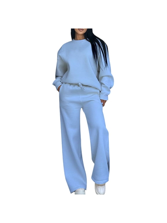 Cotton Sweatshirt and Pant Sets Womens 2 Piece Wide Leg Tracksuits Loose Casual Plain Pullovers Sports Sweatsuits (L, Light Blue)