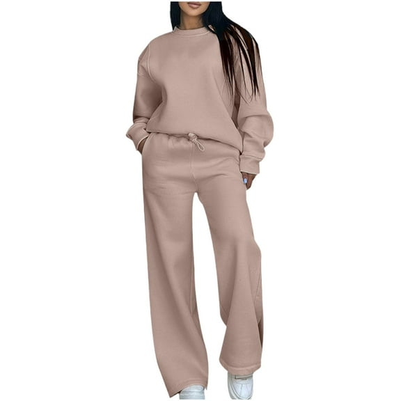 Cotton Sweatshirt and Pant Sets Womens 2 Piece Wide Leg Tracksuits Loose Casual Plain Pullovers Sports Sweatsuits (M, Khaki)