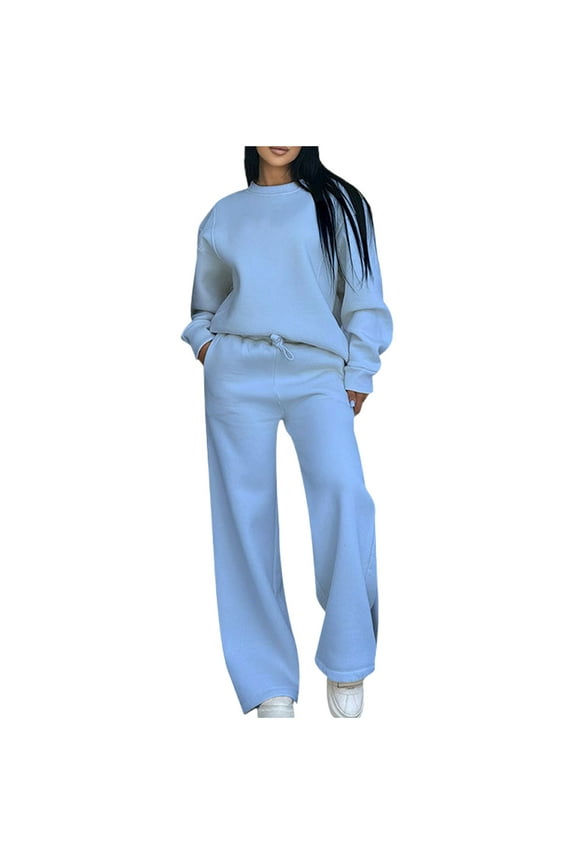 Cotton Sweatshirt and Pant Sets Womens 2 Piece Wide Leg Tracksuits Loose Casual Plain Pullovers Sports Sweatsuits (M, Light Blue)