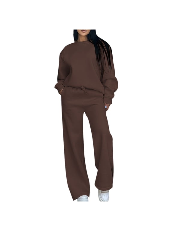 Cotton Sweatshirt and Pant Sets Womens 2 Piece Wide Leg Tracksuits Loose Casual Plain Pullovers Sports Sweatsuits (XL, Coffee)