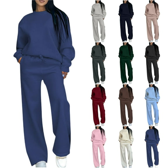 Cotton Sweatshirt and Pant Sets Womens 2 Piece Wide Leg Tracksuits Loose Casual Plain Pullovers Sports Sweatsuits (XL, Dark Blue)