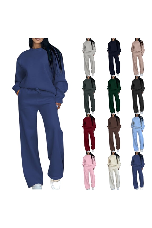 Cotton Sweatshirt and Pant Sets Womens 2 Piece Wide Leg Tracksuits Loose Casual Plain Pullovers Sports Sweatsuits (XL, Dark Blue)