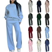 AKOEE Cotton Sweatshirt and Pant Sets Womens 2 Piece Wide Leg Tracksuits Loose Casual Plain Pullovers Sports Sweatsuits (XL, Light Blue)