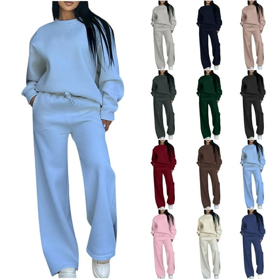 Cotton Sweatshirt and Pant Sets Womens 2 Piece Wide Leg Tracksuits Loose Casual Plain Pullovers Sports Sweatsuits (XL, Light Blue)