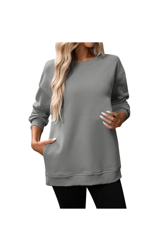 Cotton Sweatshirts Womens Fleece Lined Long Sleeve Loose Tunic Top Drop Shoulder Slit Hem Crewneck Pullover with (2XL, Gray)