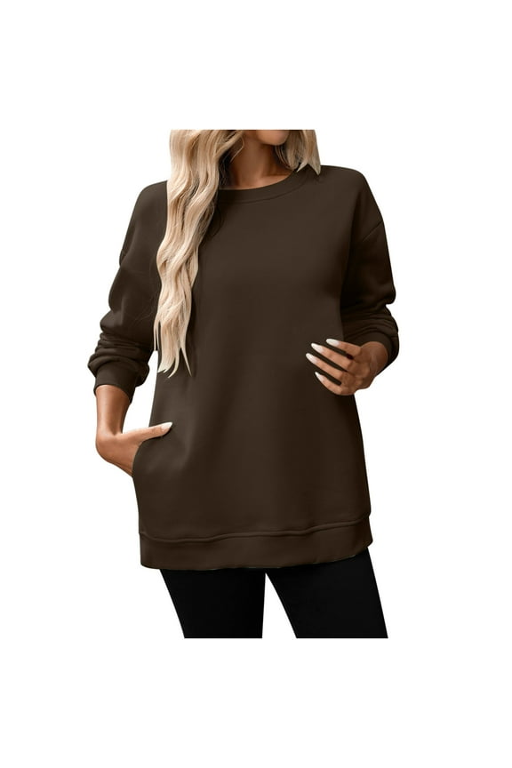Cotton Sweatshirts Womens Fleece Lined Long Sleeve Loose Tunic Top Drop Shoulder Slit Hem Crewneck Pullover with (L, Coffee)