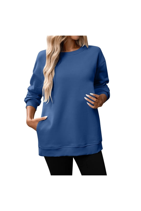Cotton Sweatshirts Womens Fleece Lined Long Sleeve Loose Tunic Top Drop Shoulder Slit Hem Crewneck Pullover with (M, Blue 01)