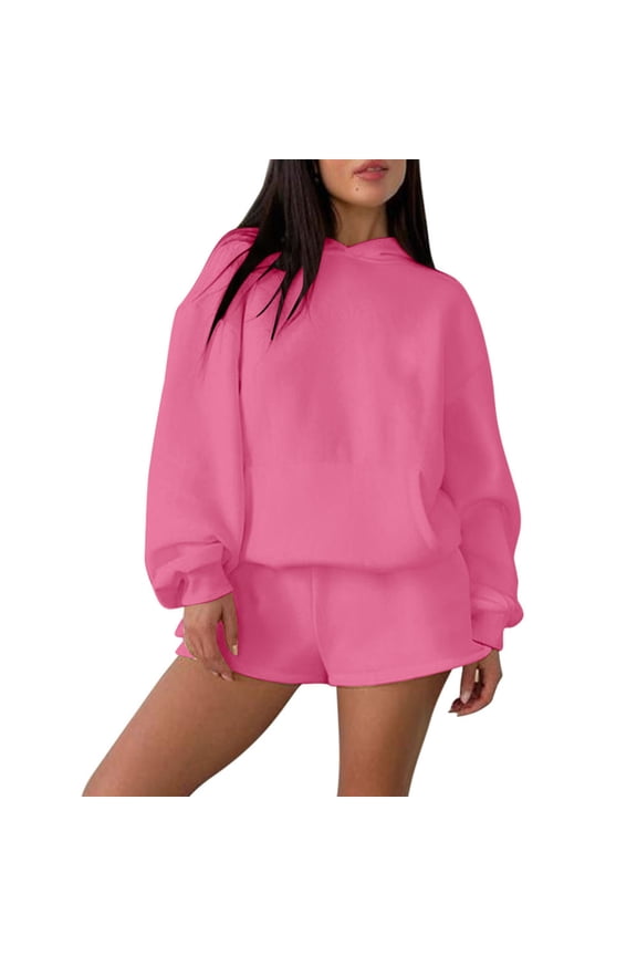 Cotton Sweatsuits Hoodie and Shorts Sets Womens 2 Piece Long Sleeve Oversized Pullover Hooded Tracksuit Fall Outfits (M, Hot Pink)