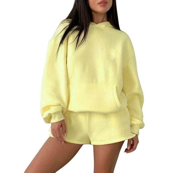 Cotton Sweatsuits Hoodie and Shorts Sets Womens 2 Piece Long Sleeve Oversized Pullover Hooded Tracksuit Fall Outfits (XL, Yellow)