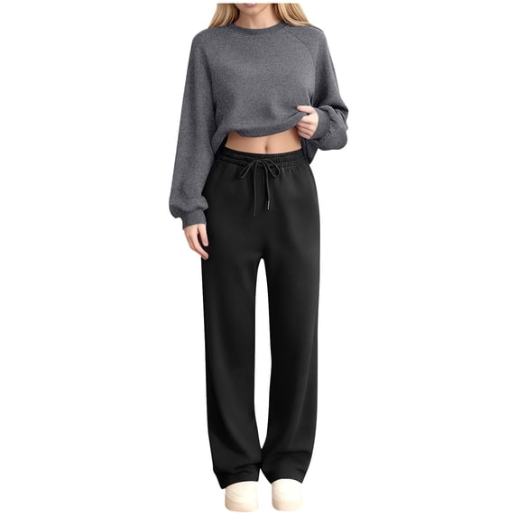 Cotton Sweatsuits Womens 2 Piece Casual Tracksuits Sweatshirt and Sweatpant Wide Leg Pant Sets Lounge Outfits (L, Gray+Black)