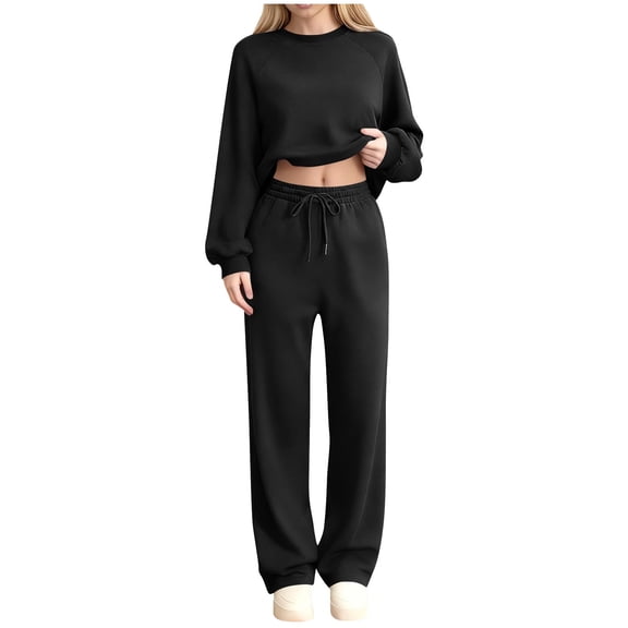 Cotton Sweatsuits Womens 2 Piece Casual Tracksuits Sweatshirt and Sweatpant Wide Leg Pant Sets Lounge Outfits (XL, Black|Solid)