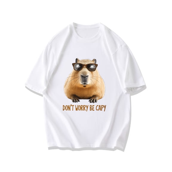 Cotton T Shirt Black Capybara With Sunglasses And Don T Worry Be Capy Text Casual Wear For Men And Women