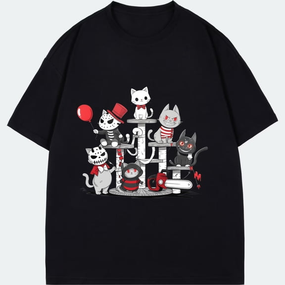 Cotton T Shirt Black Cats On Cat Tree With Balloon And Hat Design For Casual Wear