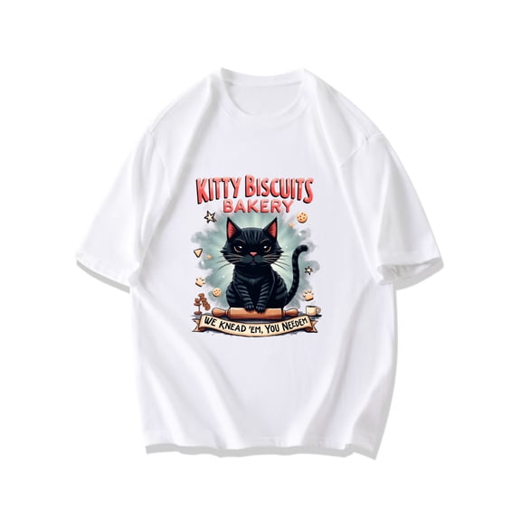 Cotton T Shirt Black Kitty Biscuits Bakery Cat With Rolling Pin And Cookies We Knead Em You Need Em Print For Casual Wear And Pet Lovers