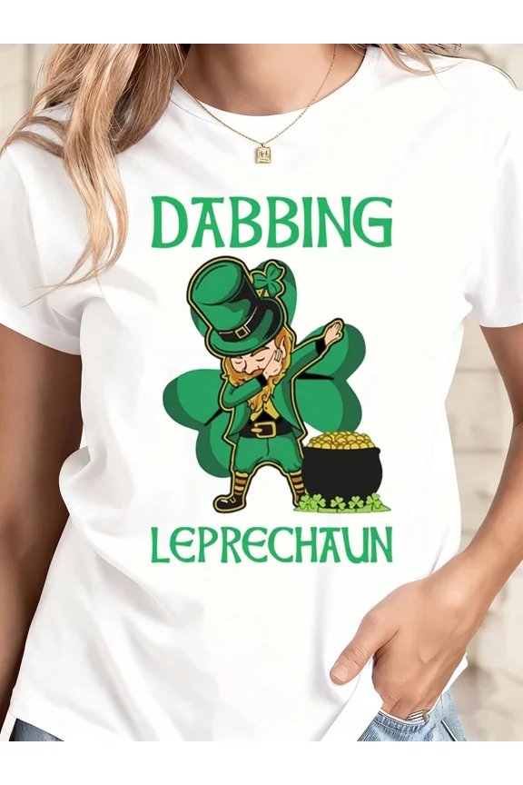 Cotton T Shirt White Dabbing Leprechaun With Green Hat And Pot Of Gold St Patrick's Day Celebration