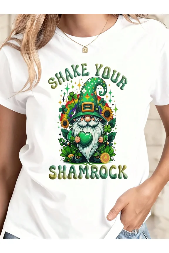 Cotton T Shirt White Shake Your Shamrock Leprechaun With Rainbow And Clover Print St Patrick's Day Party Wear