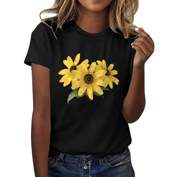 Cotton T-Shirt for Womens Summer 2025 Daisy Printed T Shirts Round Neck Tee Short Sleeve Tops Comfort Casual Tunic Blouses Loose Relaxed Fit Tee Shirts Workout Going Out Outfits