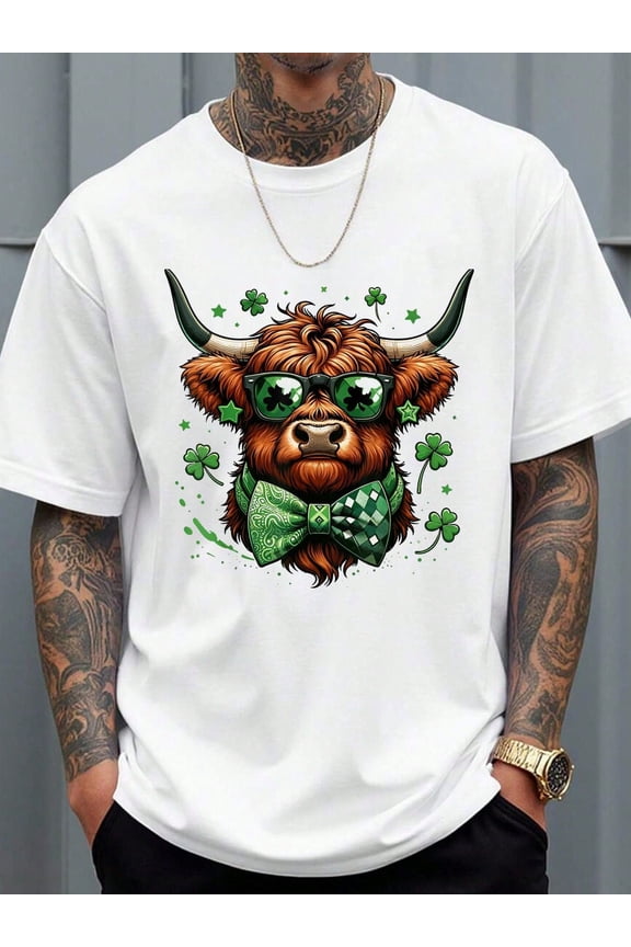 Cotton T Shirts Highland Cow Saint Paddy's Shamrock Irish Heifer Lucky T-Shirt Men Shirts
