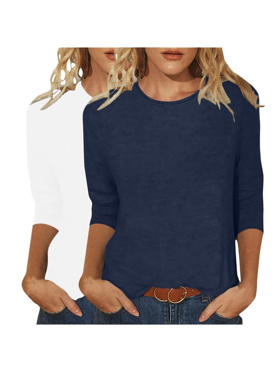 Cotton T Shirts Pack Women 2 Pack Crew Neck 3/4 Sleeve Tees Solid Loose Casual Tops Basic Tshirts Bulk (L, Navy+White)