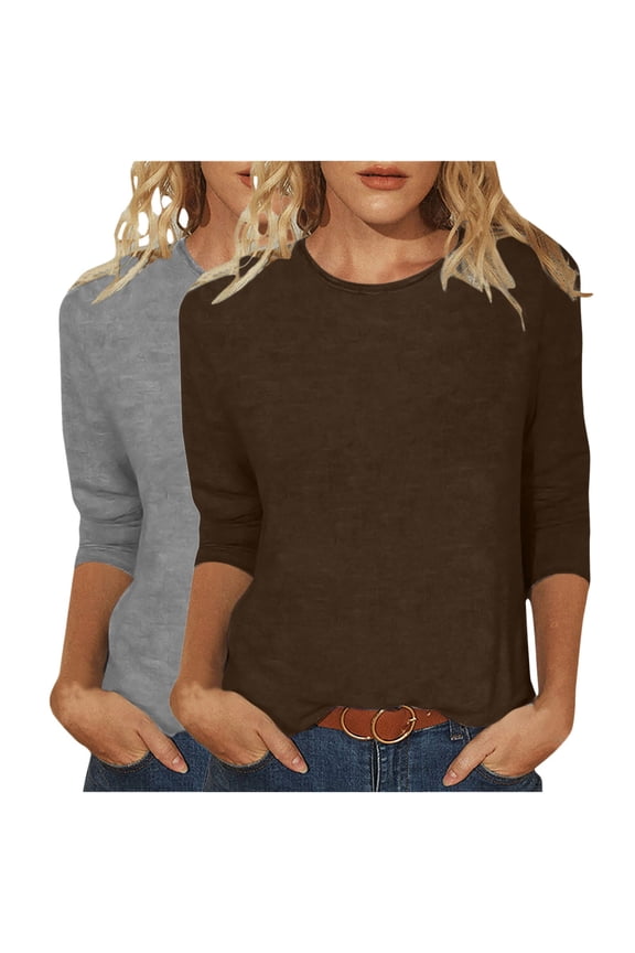 Cotton T Shirts Pack Women 2 Pack Crew Neck 3/4 Sleeve Tees Solid Loose Casual Tops Basic Tshirts Bulk (XL, Brown+Gray)