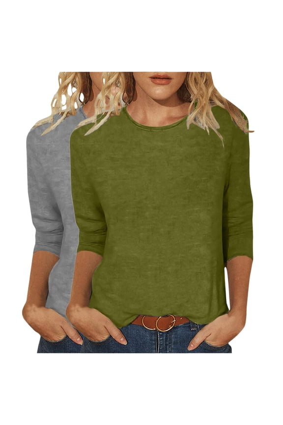 Cotton T Shirts Pack for Women 2Pcs Crew Neck 3/4 Sleeve Tees Solid Loose Fall Casual Tops Basic Tshirts Bulk (S, Green+Gray)