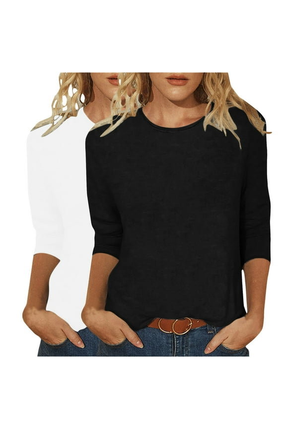 Cotton T Shirts Pack for Women 2Pcs Crew Neck 3/4 Sleeve Tees Solid Loose Fall Casual Tops Basic Tshirts Bulk (XL, Black+White)