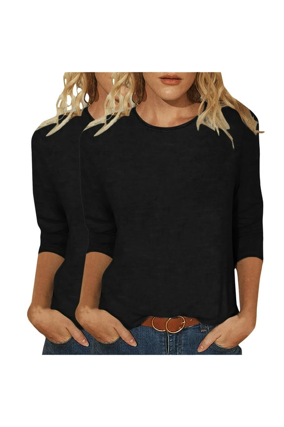 Cotton T Shirts Pack for Women 2Pcs Crew Neck 3/4 Sleeve Tees Solid Loose Fall Casual Tops Basic Tshirts Bulk (XL, Black)