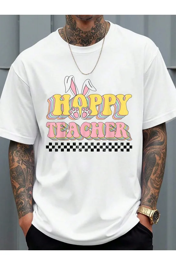 Cotton T Shirts Retro Groovy One Hoppy Teacher Easter Day Bunny Matching T-Shirt Men Shirts