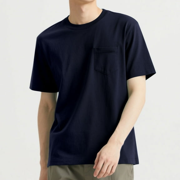 Cotton T-Shirts Short Sleeve Basic Tees Mens Crew Neck Casual Summer Tops with Chest Pocket Soft Plain Tshirts (2XL, Dark Blue)