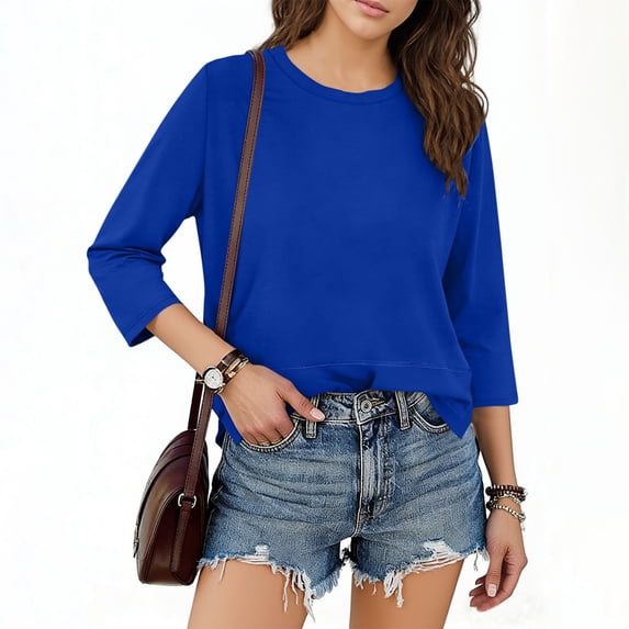 Cotton T Shirts for Women Tops Oversized Crewneck Pullover 3/4 Sleeve Shirt Summer Casual Solid Plus Size Round Neck Loose Comfy Three Quarter Sleeve TShirt