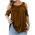thumbnail image 1 of Cotton T Shirts Womens Clothes Plus Size Cold Shoulder Tops Dressy Casual Tunic Blouses Cutout Short Sleeve Summer Tee (3XL, Brown), 1 of 1