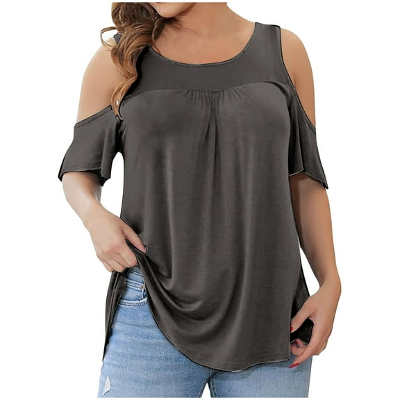 Cotton T Shirts Womens Clothes Plus Size Cold Shoulder Tops Dressy Casual Tunic Blouses Cutout Short Sleeve Summer Tee (3XL, Gray)