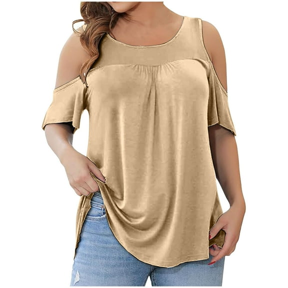 Cotton T Shirts Womens Clothes Plus Size Cold Shoulder Tops Dressy Casual Tunic Blouses Cutout Short Sleeve Summer Tee (4XL, Khaki)