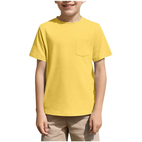 Cotton T Shirts for Boys Girls Summer Crewneck Short Sleeve Tees Chest Pocket Cozy Base Tops Plain Tshirts (12 Years, Yellow)