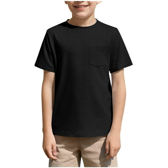 Cotton T Shirts for Boys Girls Summer Crewneck Short Sleeve Tees Chest Pocket Cozy Base Tops Plain Tshirts (7 Years, Black)