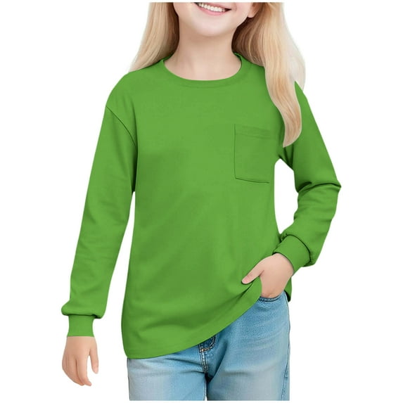 Cotton T-Shirts for Girls Long Sleeve Casual Solid Color Base Tees Chest Pocket Crew Neck Soft Layer Tshirts (5 Years, Green #A)