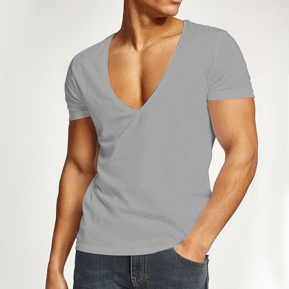 Cotton T Shirts for Men Quick-Drying Short Sleeve Deep V Neck Tees Tops Mens Casual Solid Color Stretchy Slim Pullover Athletic Workout Tshirts Shirt