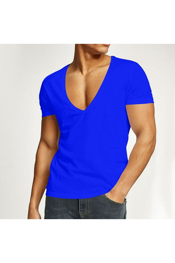Cotton T Shirts for Men Quick-Drying Short Sleeve Deep V Neck Tees Tops Mens Casual Solid Color Stretchy Slim Pullover Athletic Workout Tshirts Shirt