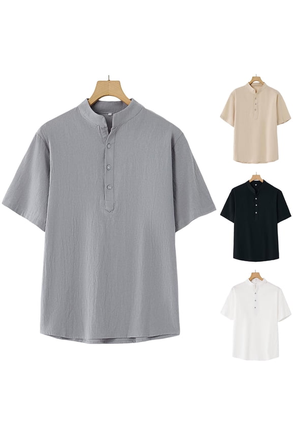 Cotton T-Shirts for Men Under $10 Man Casual Solid Half Button Standing Collar Blouse Shirt Black XL