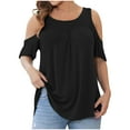 thumbnail image 1 of Cotton T Shirts for Women Plus Size Cold Shoulder Tops Dressy Casual Tunic Blouses Cutout Short Sleeve Summer Tee (X-Large, Black), 1 of 6