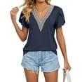 thumbnail image 1 of Cotton T shirts For Women, V Neck Ruffle Sleeve Short Sleeve Summer Loose Lace Casual Basic Tops, Dark Blue, 1 of 5