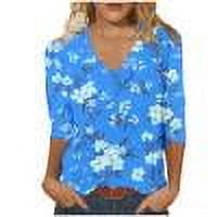 Cotton T-shirts Women Floral Printed Tee Shirt V Neck 3/4 Sleeve Spring Summer Tunic Tops Graphic Tshirts (L, Blue)
