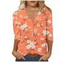 Cotton T-shirts Women Floral Printed Tee Shirt V Neck 3/4 Sleeve Spring Summer Tunic Tops Graphic Tshirts (M, Orange)